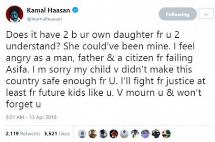 Kamal Haasan feels "angry as a man, father" over gang-rape and murder of Asifa