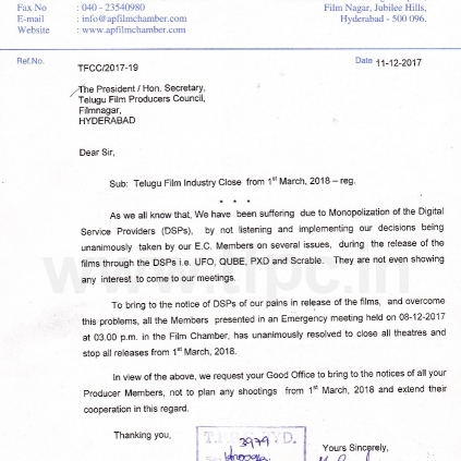 Telugu Film Chamber of Commerce resolves to stop all releases and close all theatres