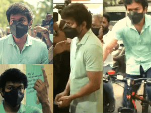Thalapathy vera ragam da - Vijay makes his way to cast his vote on a bicycle! Fans can't keep calm!